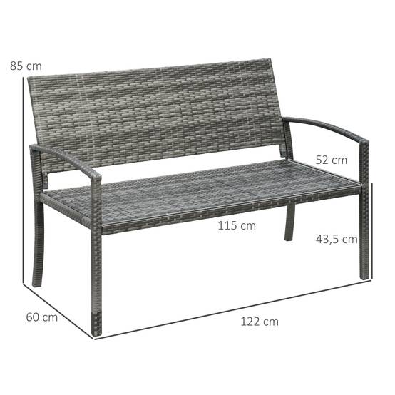 Banc de jardin 2 places, aspect rotin et structure en acier, gris - Image 3