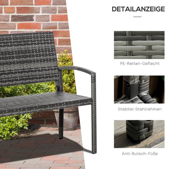 Banc de jardin 2 places, aspect rotin et structure en acier, gris - Image 6
