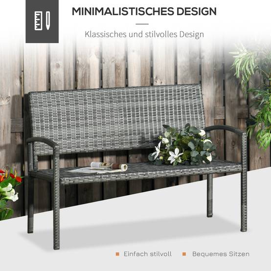 Banc de jardin 2 places, aspect rotin et structure en acier, gris - Image 5