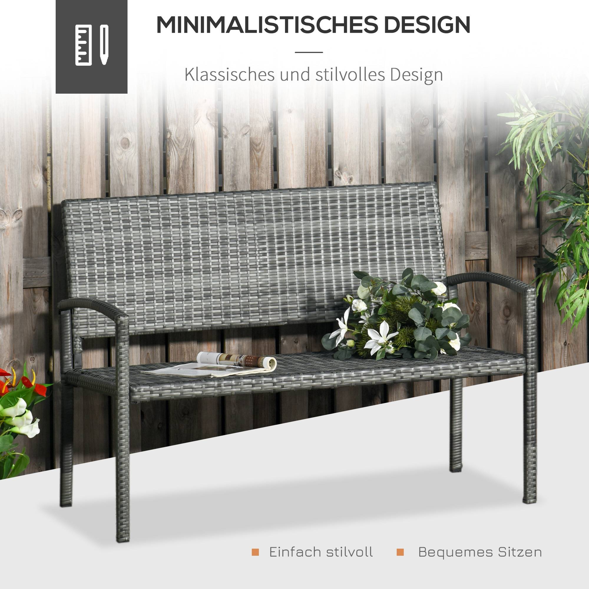 Banc de jardin 2 places, aspect rotin et structure en acier, gris - Image 5