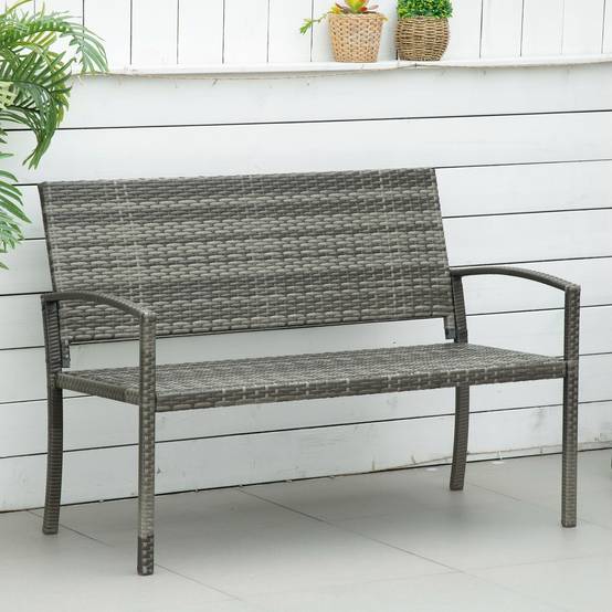Banc de jardin 2 places, aspect rotin et structure en acier, gris - Image 2