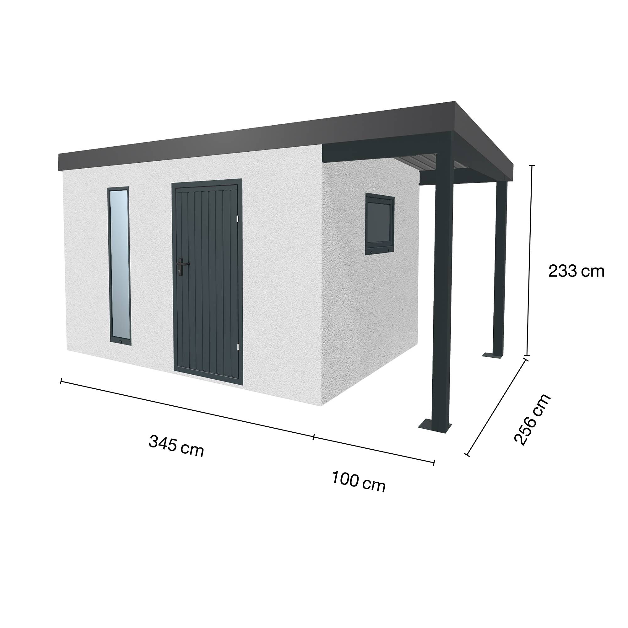 Abri de jardin en métal finition crépi 3450 x 2560 mm blanc avec auvent à droite 1000 x 2560 mm anthracite - Image 1