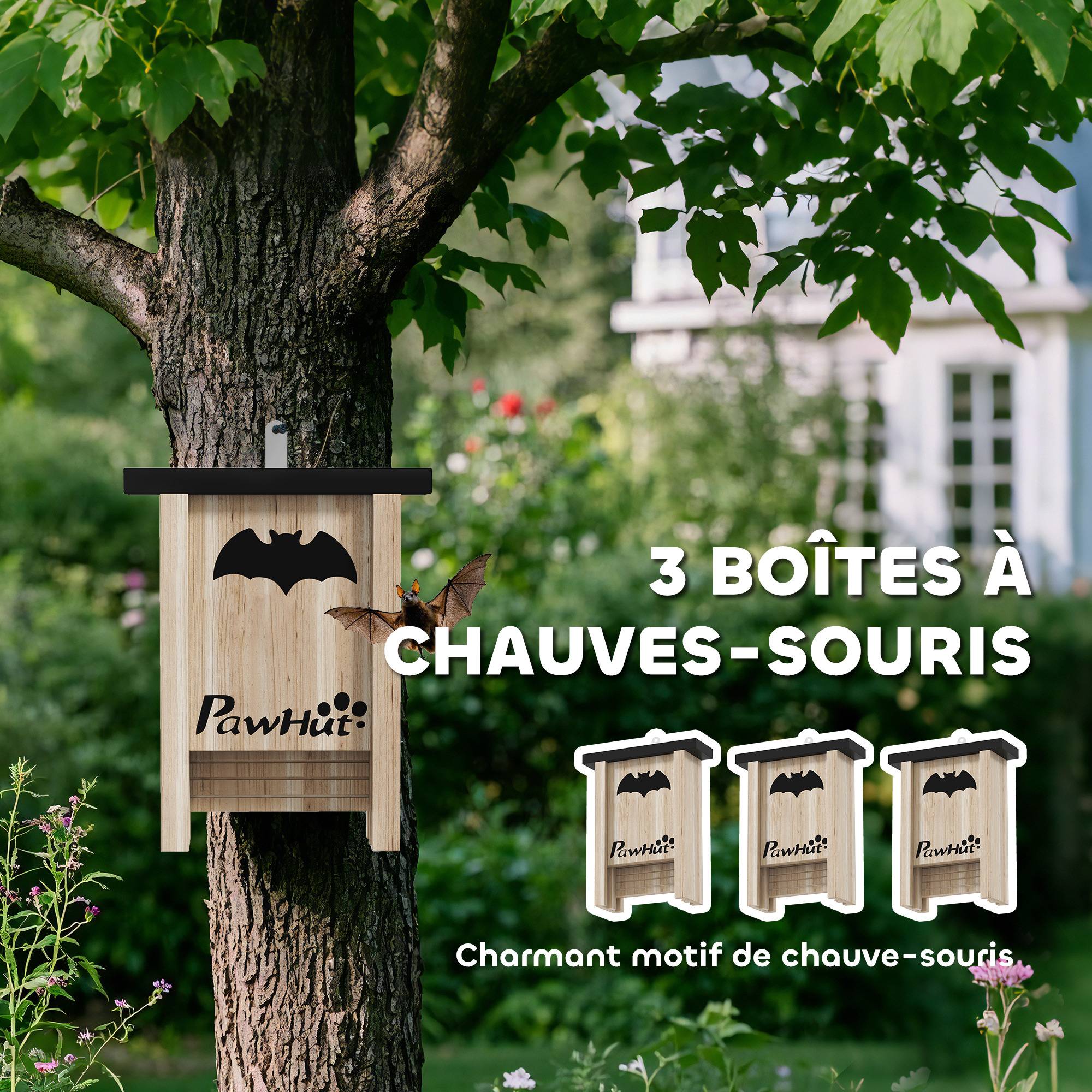 Ensemble de trois boîtes à chauve-souris nichoir chauve-souris avec un crochet18 x 6 x 22,5 cm bois naturel - Image 6