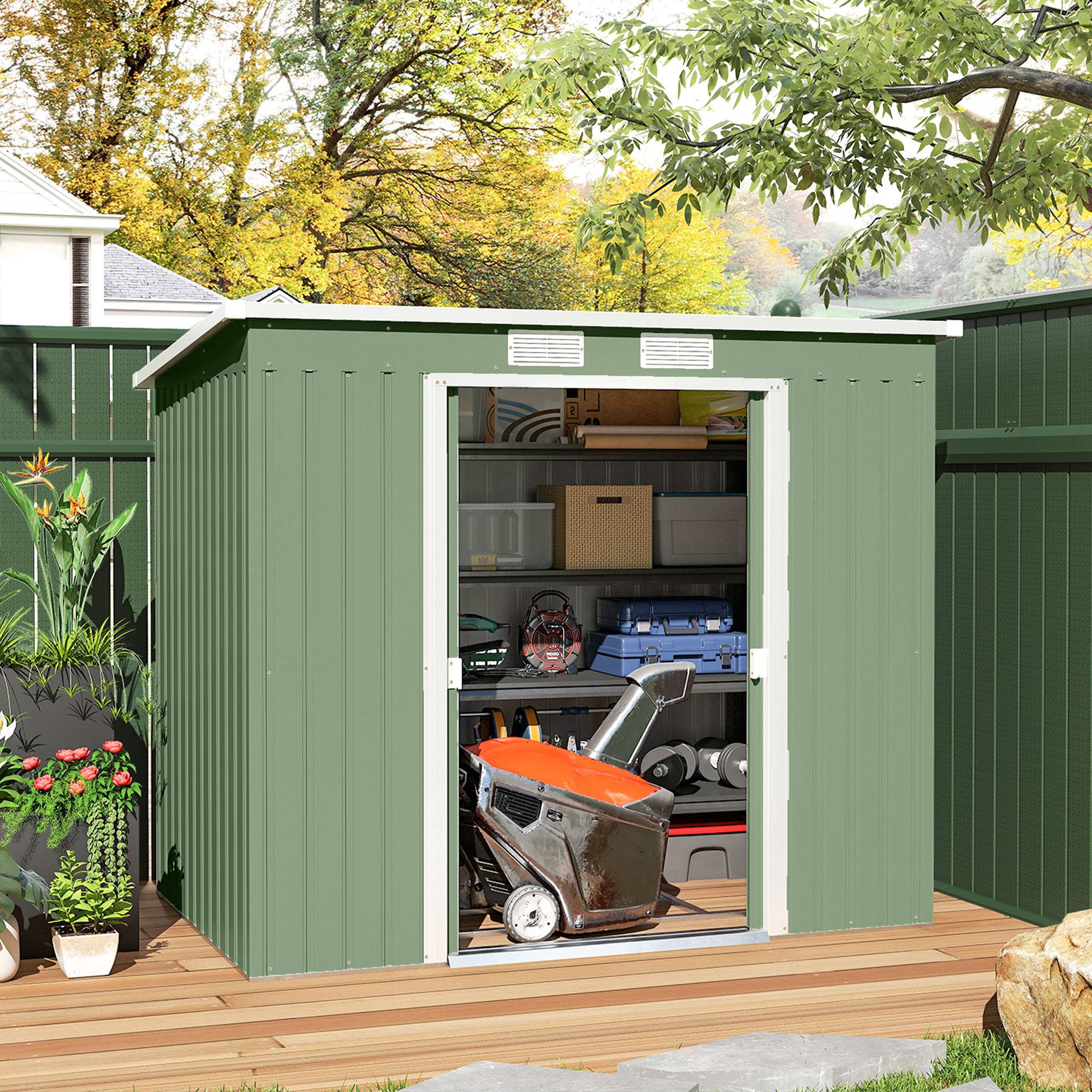 Sans Marque - Abri jardin acier double porte coulissante aérations toit incliné 213x130x172 cm vert - Image 4