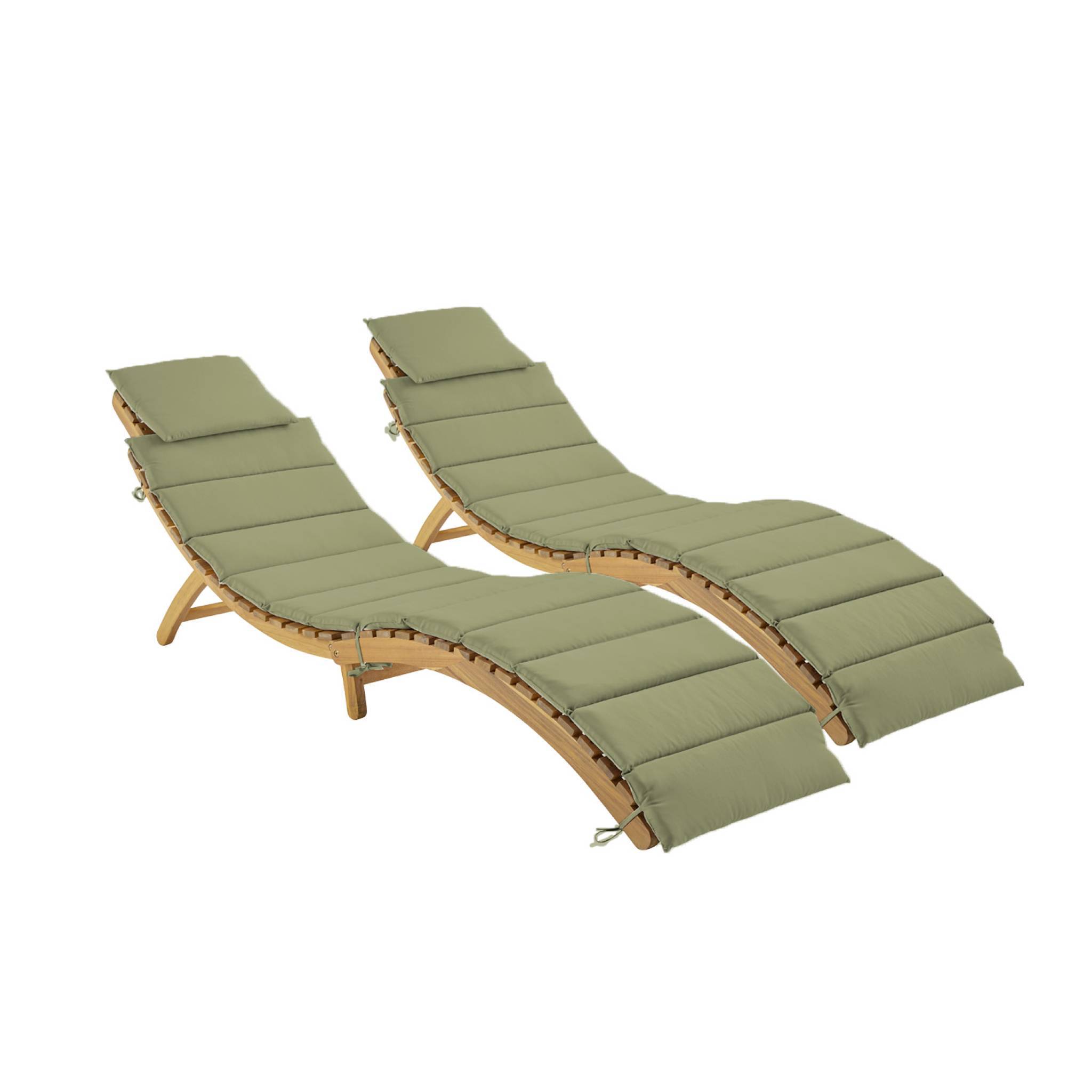 sweeek - Lot de 2 bains de soleil en bois d'acacia LAURE avec coussin kaki en polyester. 184 x 55 x 63.5 cm | sweeek - Image 2