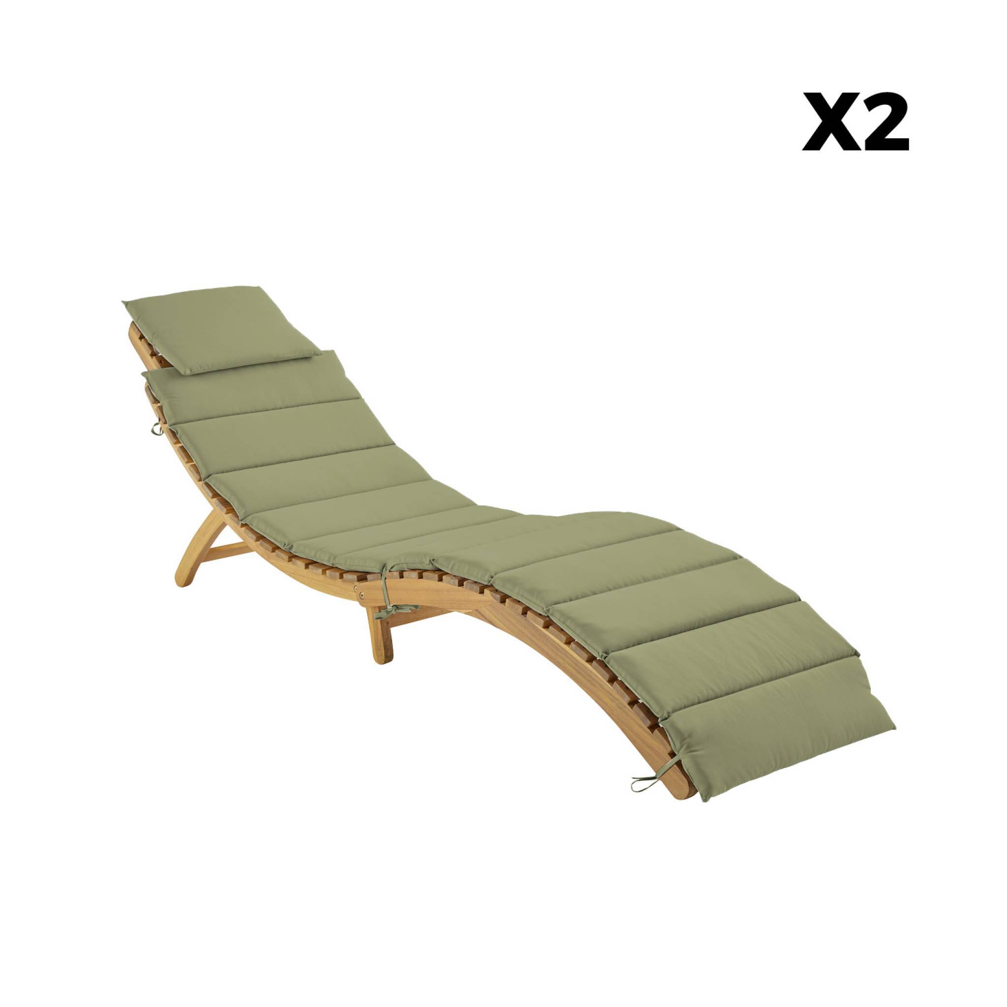 sweeek - Lot de 2 bains de soleil en bois d'acacia LAURE avec coussin kaki en polyester. 184 x 55 x 63.5 cm | sweeek - Image 5