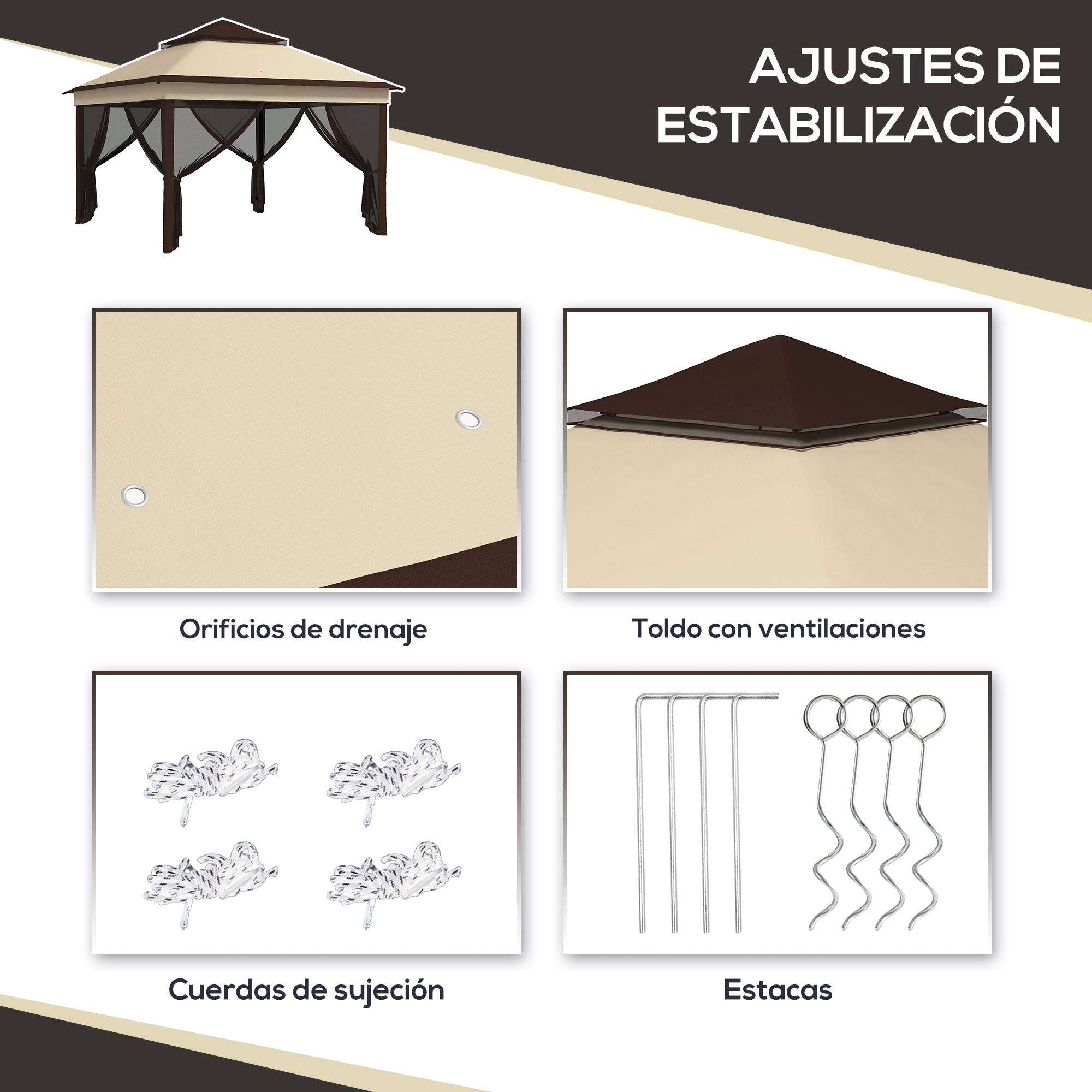 Tente pliante 3,26 x 3,26 x 2,72 m avec double toit, hauteur réglable, moustiquaires, protection UV30+ et sac de transport, beige - Image 8