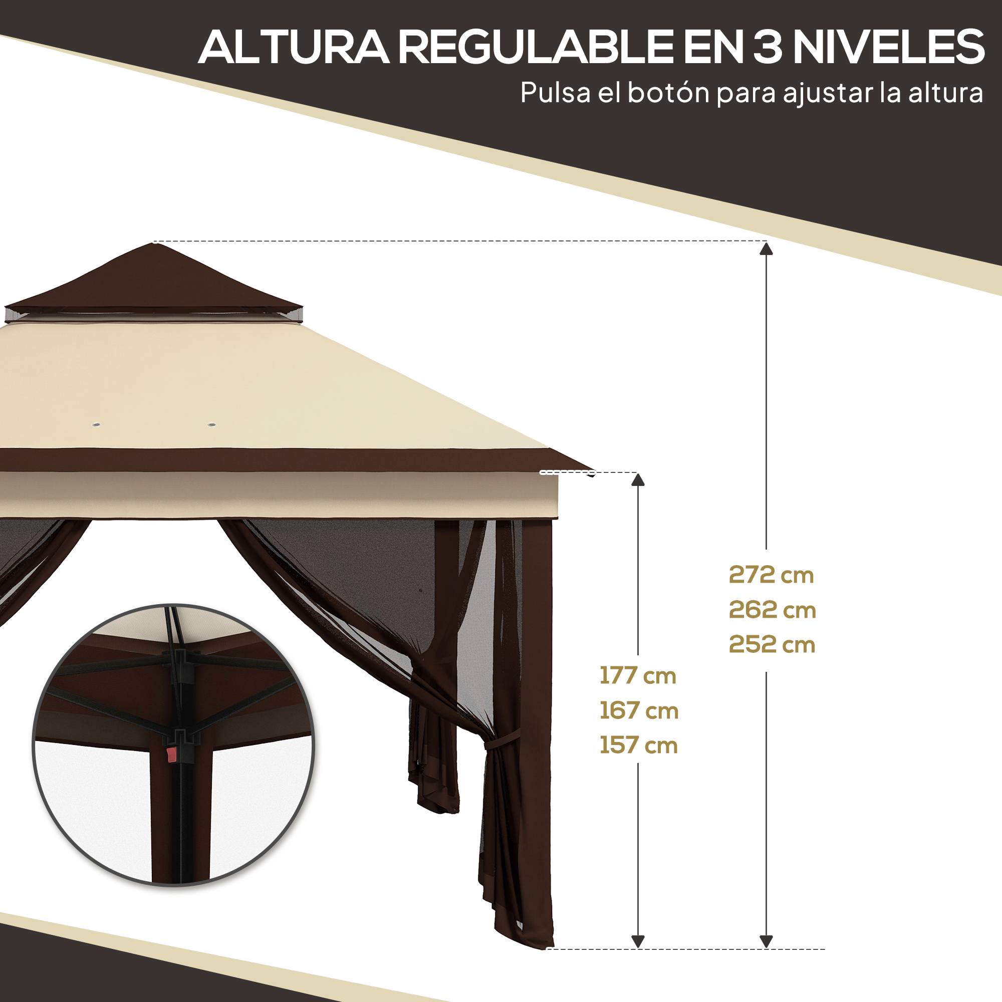 Tente pliante 3,26 x 3,26 x 2,72 m avec double toit, hauteur réglable, moustiquaires, protection UV30+ et sac de transport, beige - Image 7