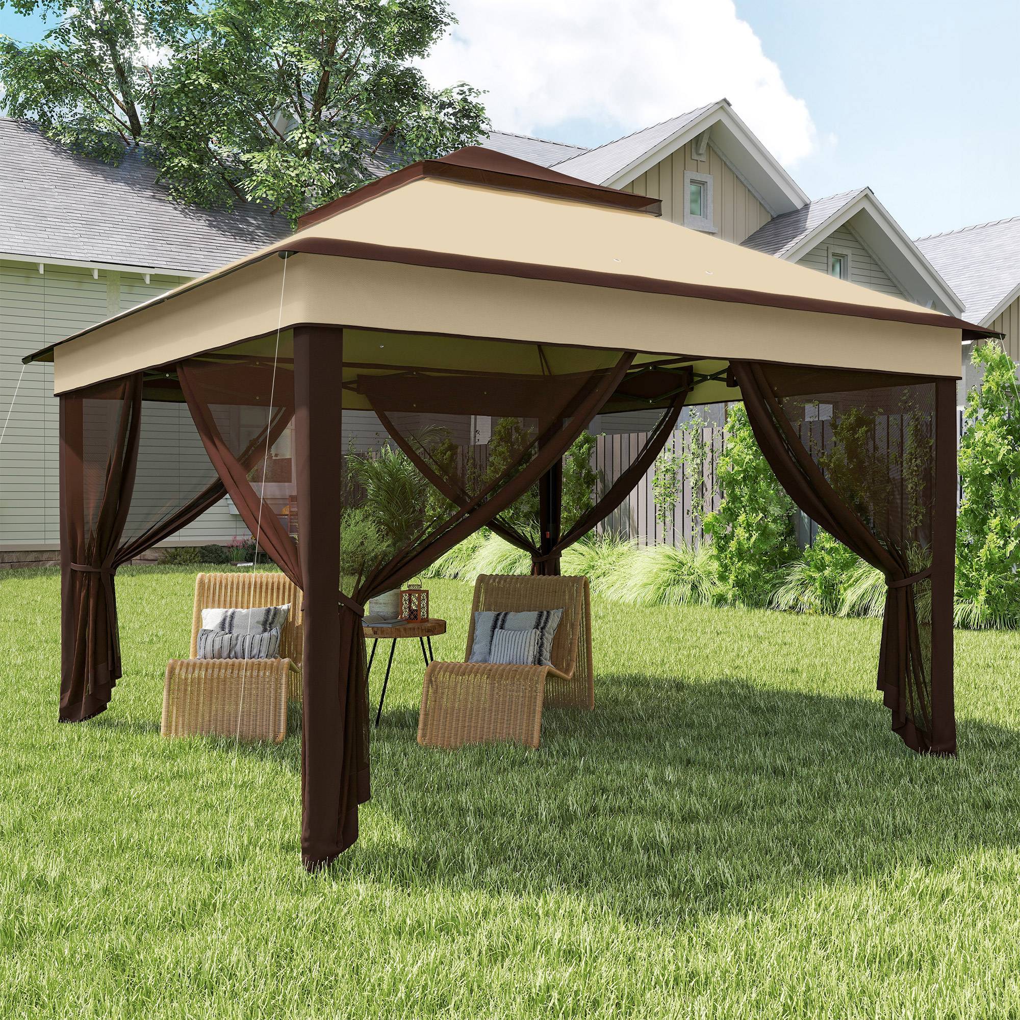 Tente pliante 3,26 x 3,26 x 2,72 m avec double toit, hauteur réglable, moustiquaires, protection UV30+ et sac de transport, beige - Image 4