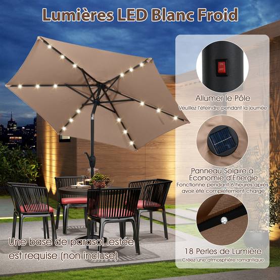 Costway - Parasol de Terrasse Solaire de 230 cm, avec Lumières LED, Inclinaison par Bouton-Poussoir, Manivelle, Auvent Ventilé Marron - Image 6