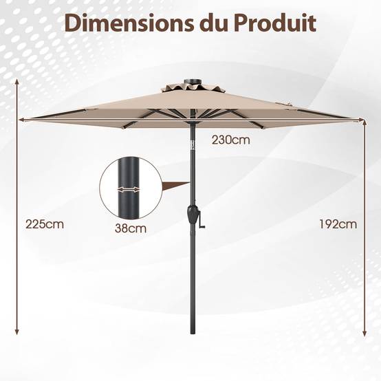 Costway - Parasol de Terrasse Solaire de 230 cm, avec Lumières LED, Inclinaison par Bouton-Poussoir, Manivelle, Auvent Ventilé Marron - Image 2
