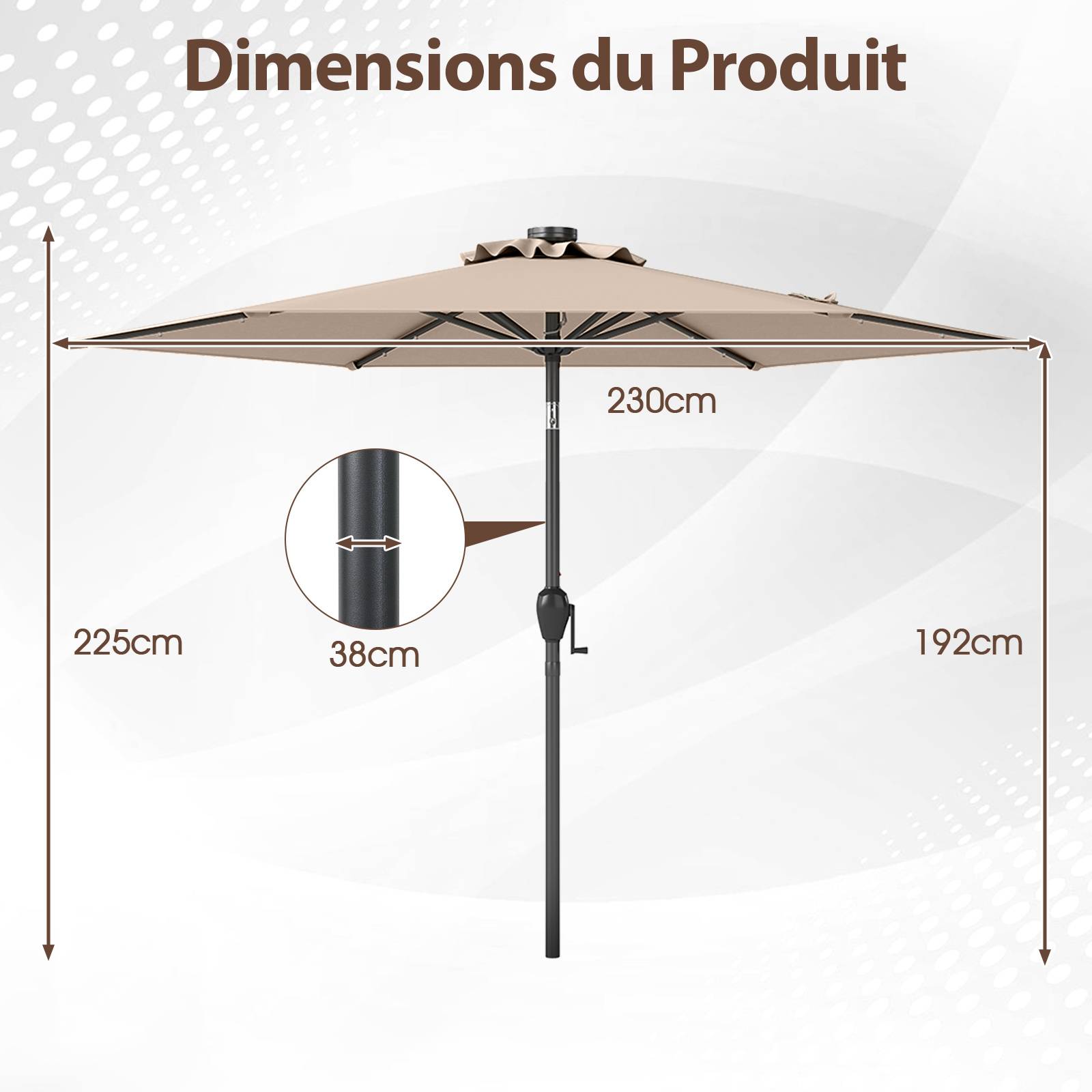 Costway - Parasol de Terrasse Solaire de 230 cm, avec Lumières LED, Inclinaison par Bouton-Poussoir, Manivelle, Auvent Ventilé Marron - Image 2