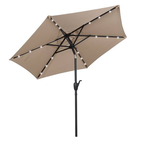 Costway - Parasol de Terrasse Solaire de 230 cm, avec Lumières LED, Inclinaison par Bouton-Poussoir, Manivelle, Auvent Ventilé Marron - Image 9