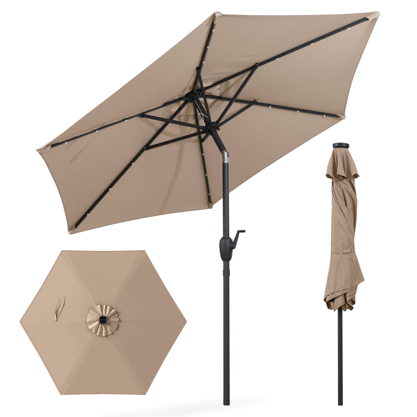 Costway - Parasol de Terrasse Solaire de 230 cm, avec Lumières LED, Inclinaison par Bouton-Poussoir, Manivelle, Auvent Ventilé Marron - Image 1