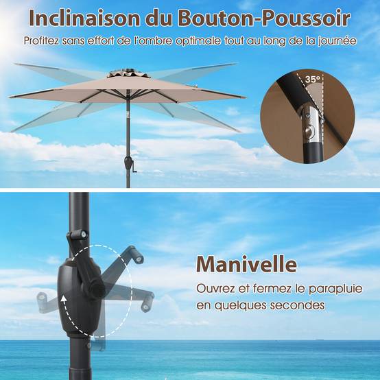 Costway - Parasol de Terrasse Solaire de 230 cm, avec Lumières LED, Inclinaison par Bouton-Poussoir, Manivelle, Auvent Ventilé Marron - Image 5