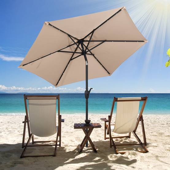 Costway - Parasol de Terrasse Solaire de 230 cm, avec Lumières LED, Inclinaison par Bouton-Poussoir, Manivelle, Auvent Ventilé Marron - Image 3