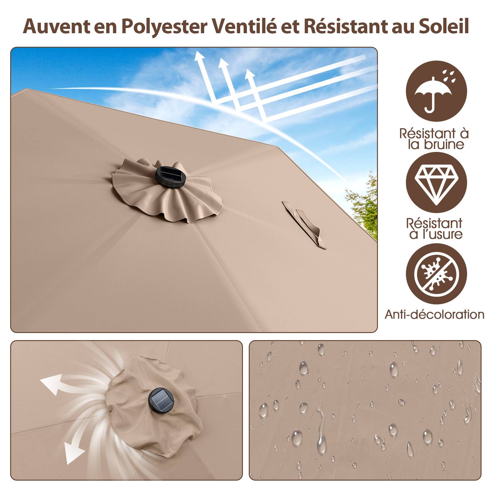 Costway - Parasol de Terrasse Solaire de 230 cm, avec Lumières LED, Inclinaison par Bouton-Poussoir, Manivelle, Auvent Ventilé Marron - Image 7