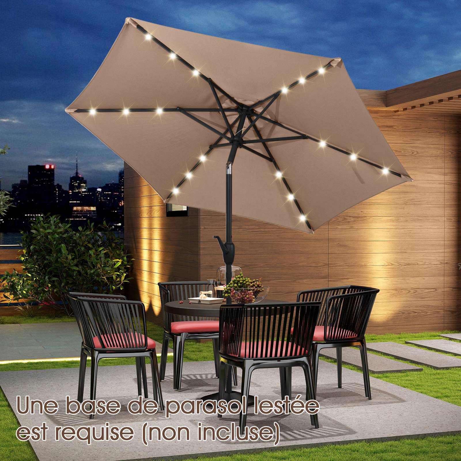 Costway - Parasol de Terrasse Solaire de 230 cm, avec Lumières LED, Inclinaison par Bouton-Poussoir, Manivelle, Auvent Ventilé Marron - Image 4