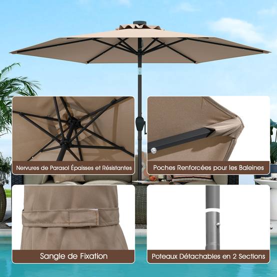Costway - Parasol de Terrasse Solaire de 230 cm, avec Lumières LED, Inclinaison par Bouton-Poussoir, Manivelle, Auvent Ventilé Marron - Image 8
