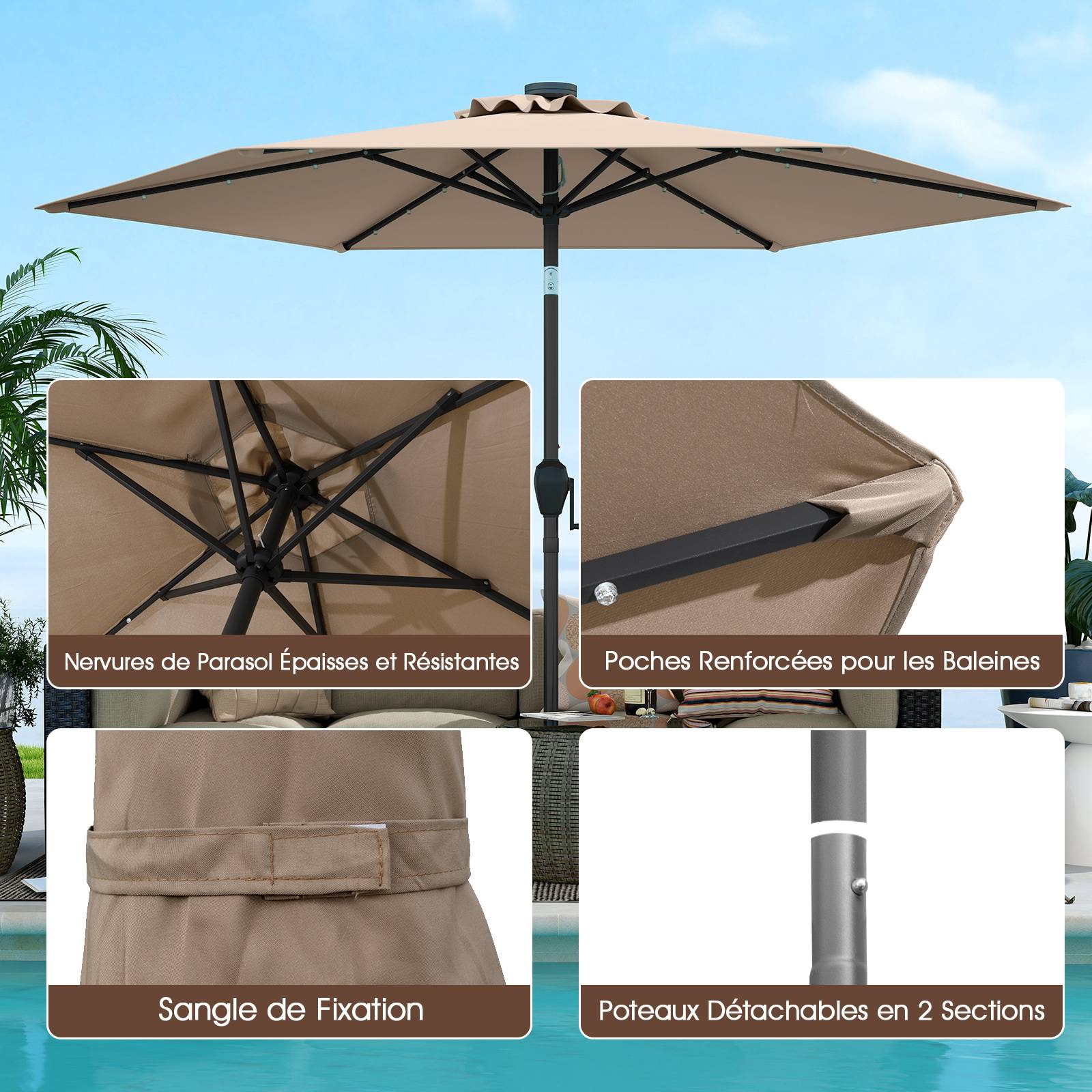 Costway - Parasol de Terrasse Solaire de 230 cm, avec Lumières LED, Inclinaison par Bouton-Poussoir, Manivelle, Auvent Ventilé Marron - Image 8