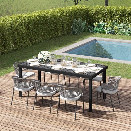 Table de jardin 190 x 90 x 74 cm avec plateau à lattes et structure en aluminium, pour terrasse ou balcon, noire. - Image 4