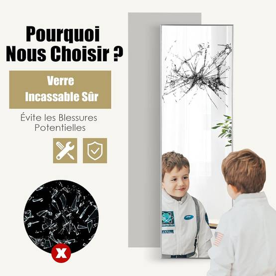 Miroir Mural-Miroir à Suspendre sur Porte, 120 x 37 CM, Argent - Image 8
