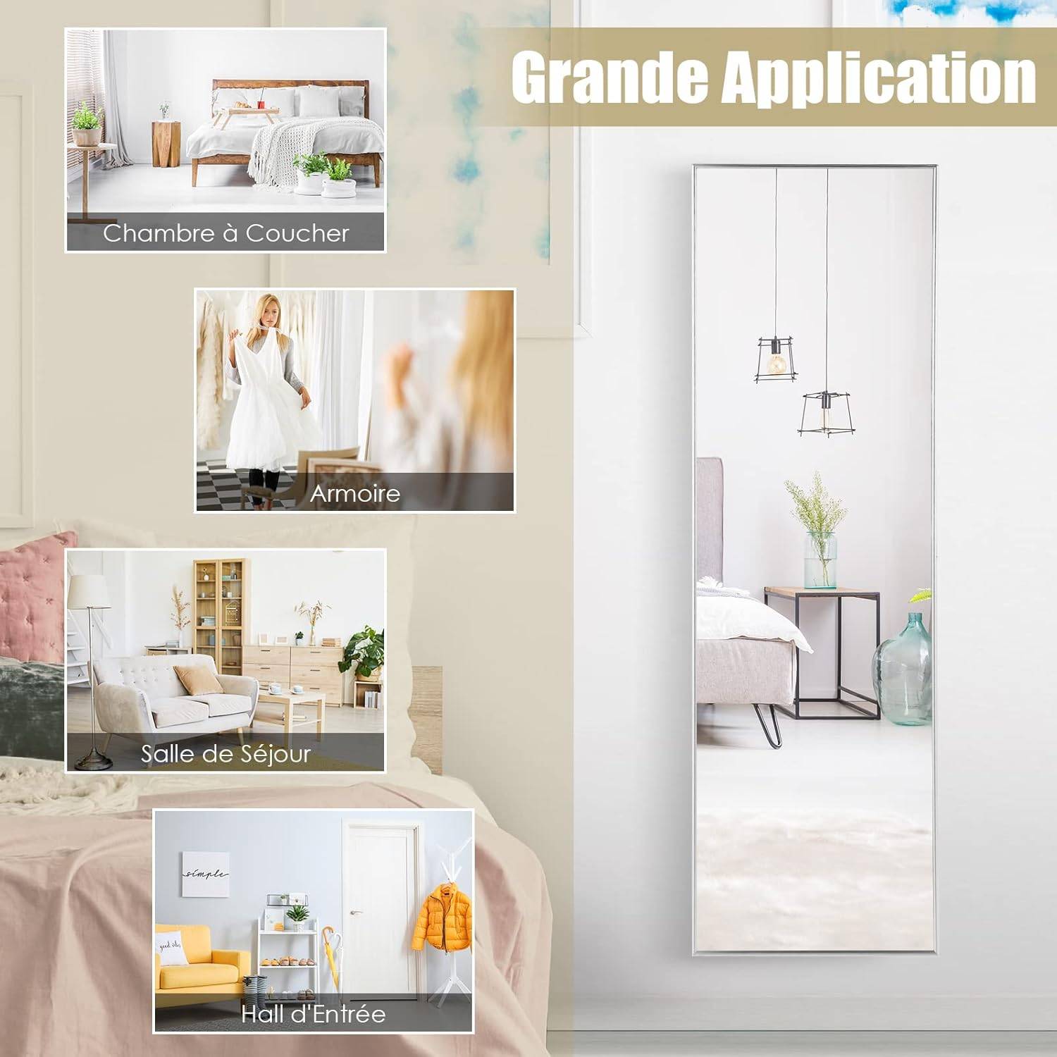 Miroir Mural-Miroir à Suspendre sur Porte, 120 x 37 CM, Argent - Image 9