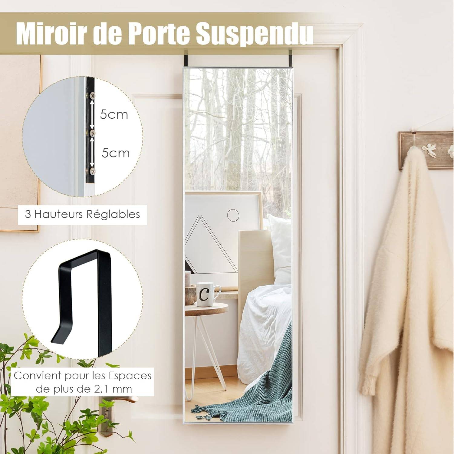 Miroir Mural-Miroir à Suspendre sur Porte, 120 x 37 CM, Argent - Image 4