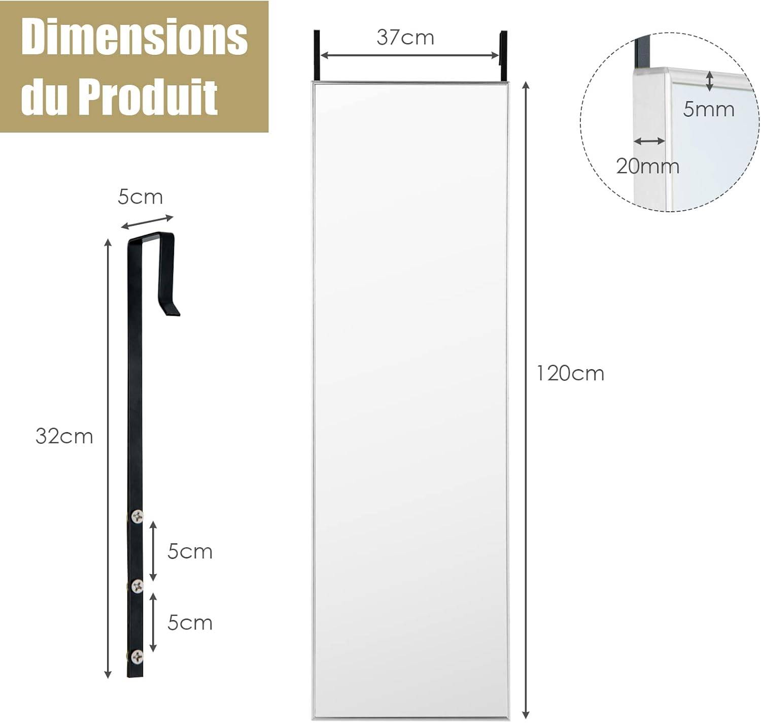 Miroir Mural-Miroir à Suspendre sur Porte, 120 x 37 CM, Argent - Image 3
