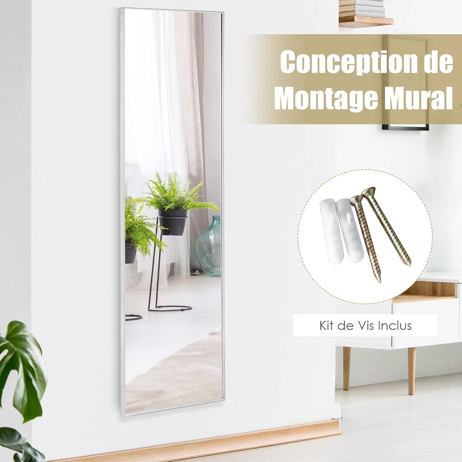 Miroir Mural-Miroir à Suspendre sur Porte, 120 x 37 CM, Argent - Image 5