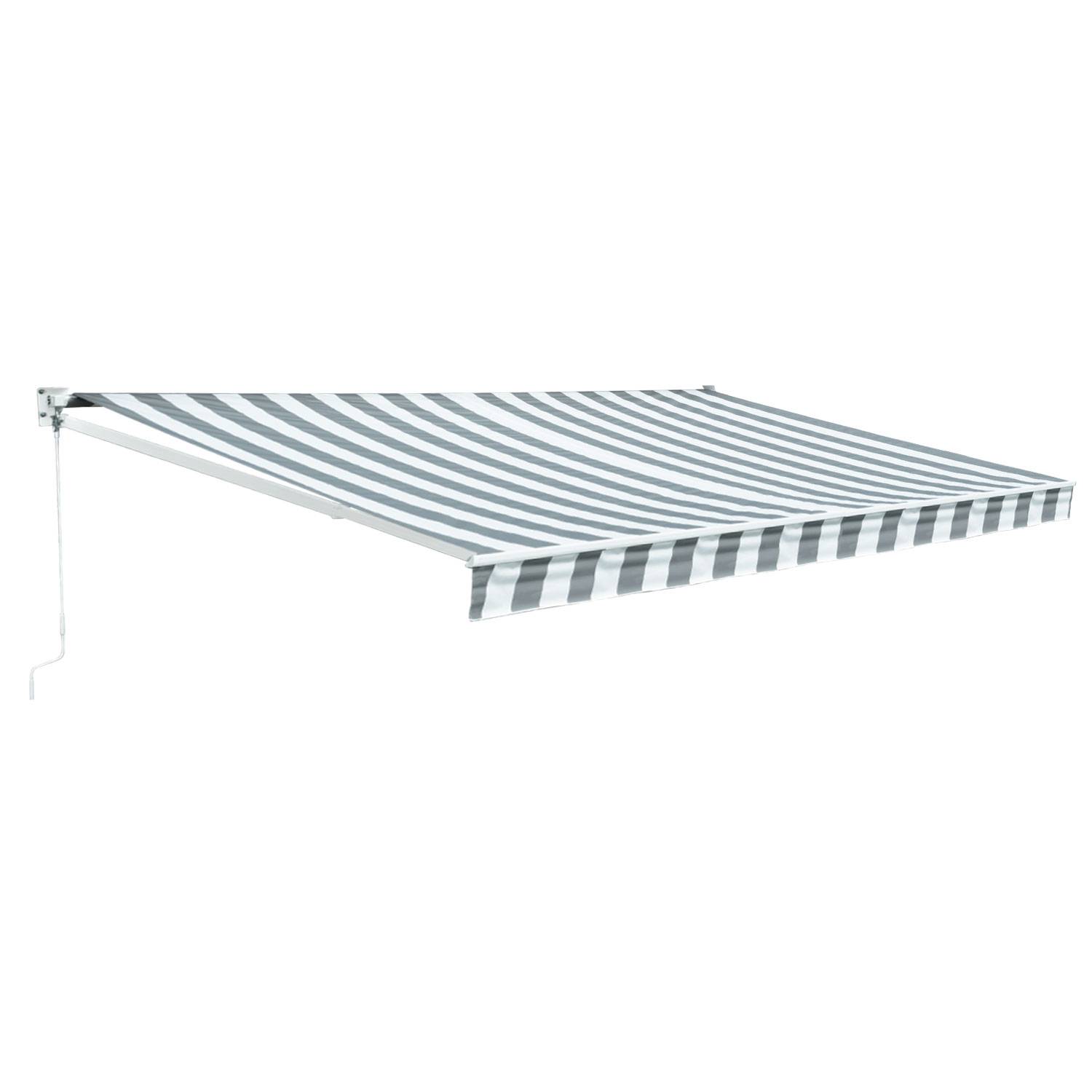 Store banne SAULE 3,95 × 3m - Toile rayée blanche/grise et structure blanche - HAPPY GARDEN - Image 1