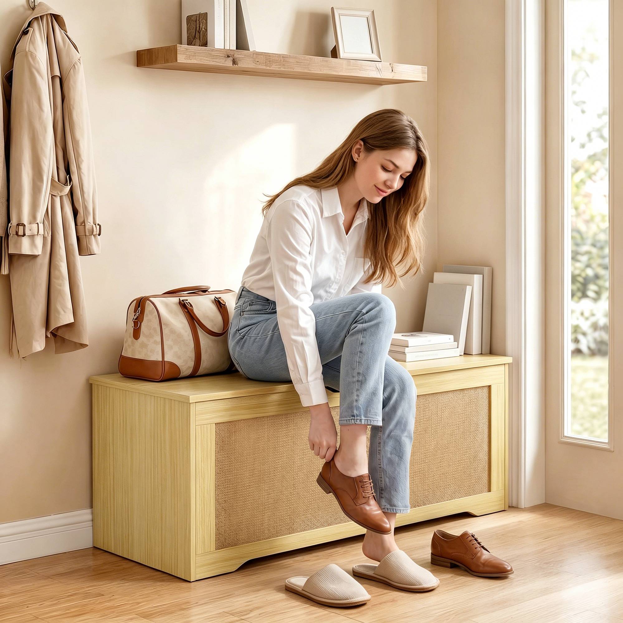 Sans Marque - Coffre de Rangement en Rotin 136L, Banc Coffre avec Couvercle Relevable et 2 Charnières de Sécurité, Chêne - Image 4