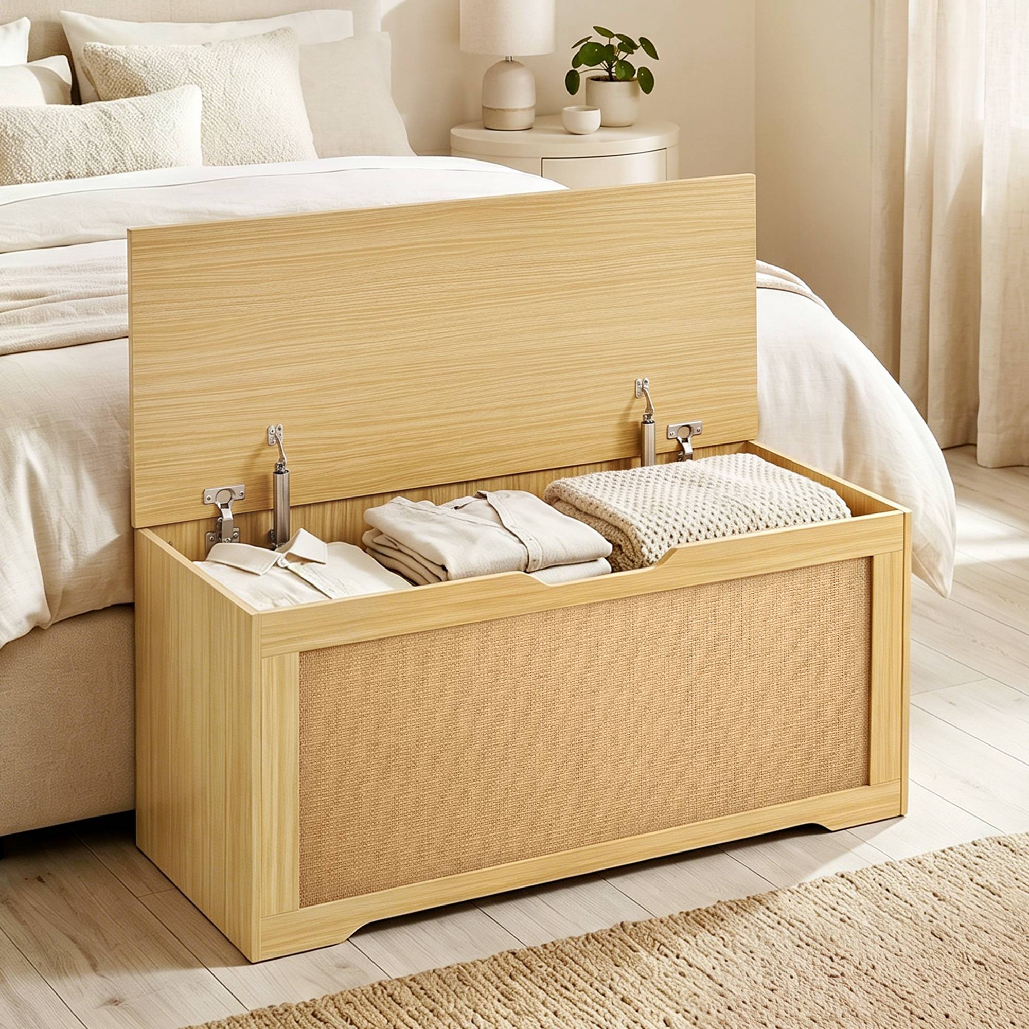 Sans Marque - Coffre de Rangement en Rotin 136L, Banc Coffre avec Couvercle Relevable et 2 Charnières de Sécurité, Chêne - Image 3
