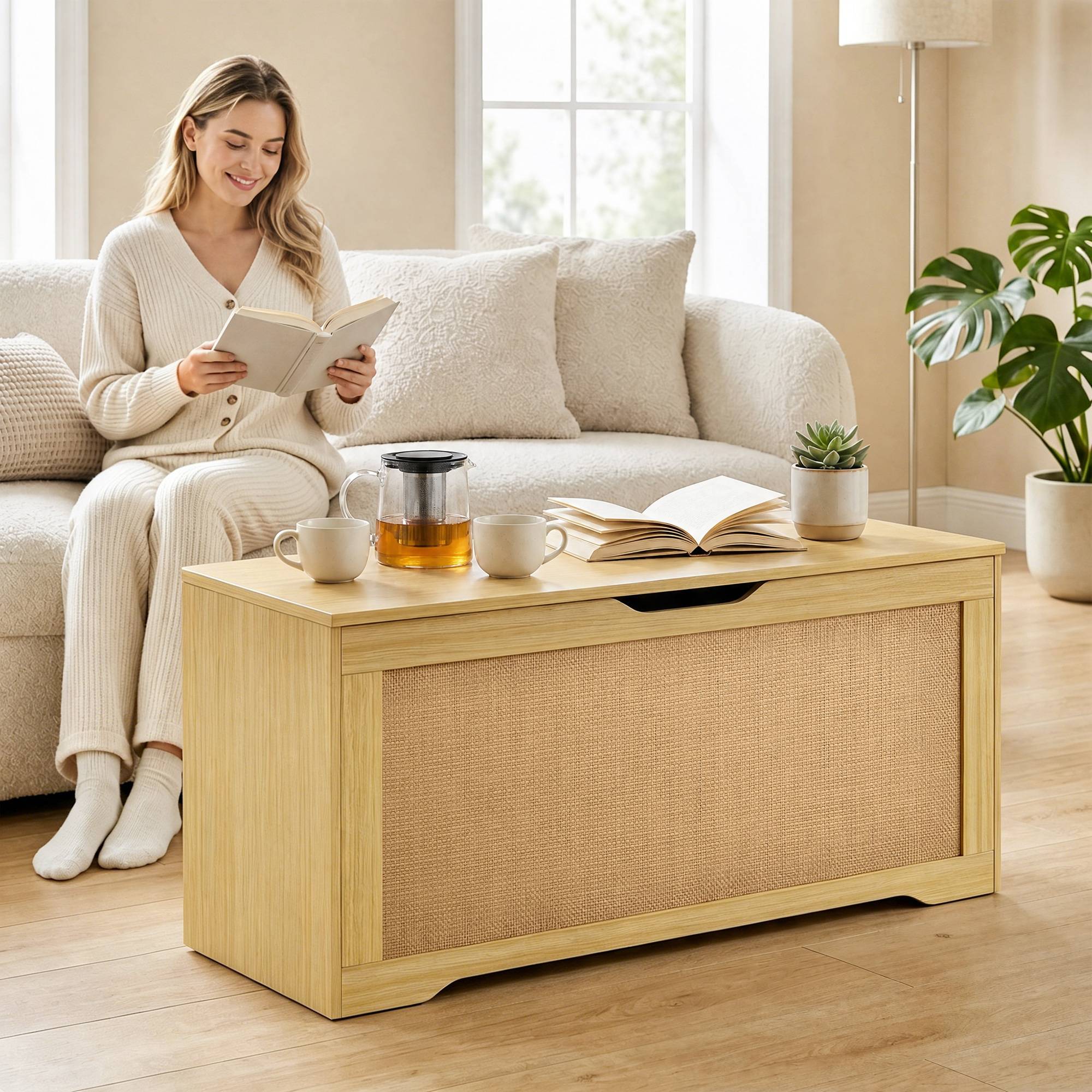 Sans Marque - Coffre de Rangement en Rotin 136L, Banc Coffre avec Couvercle Relevable et 2 Charnières de Sécurité, Chêne - Image 10
