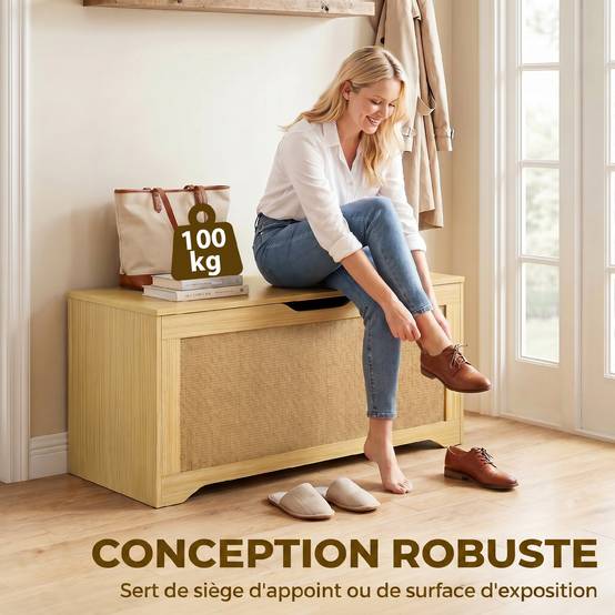 Sans Marque - Coffre de Rangement en Rotin 136L, Banc Coffre avec Couvercle Relevable et 2 Charnières de Sécurité, Chêne - Image 9
