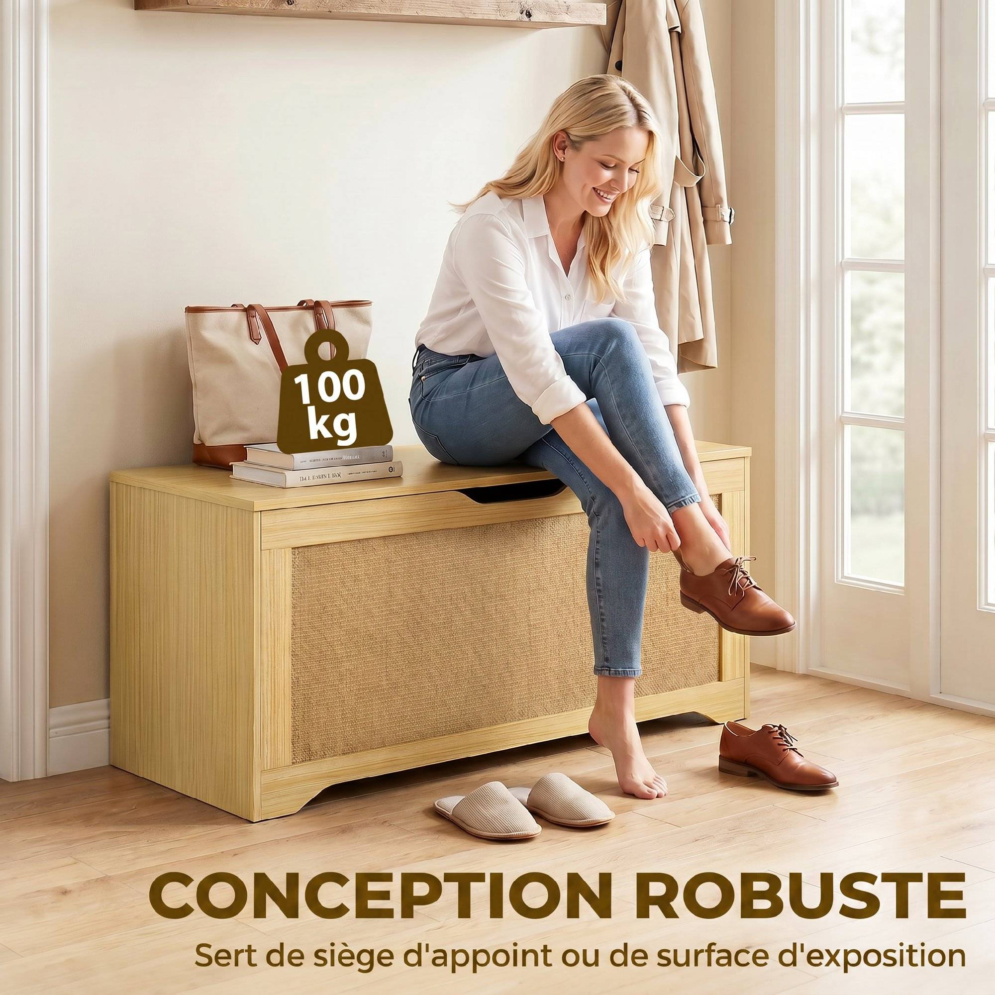 Sans Marque - Coffre de Rangement en Rotin 136L, Banc Coffre avec Couvercle Relevable et 2 Charnières de Sécurité, Chêne - Image 9