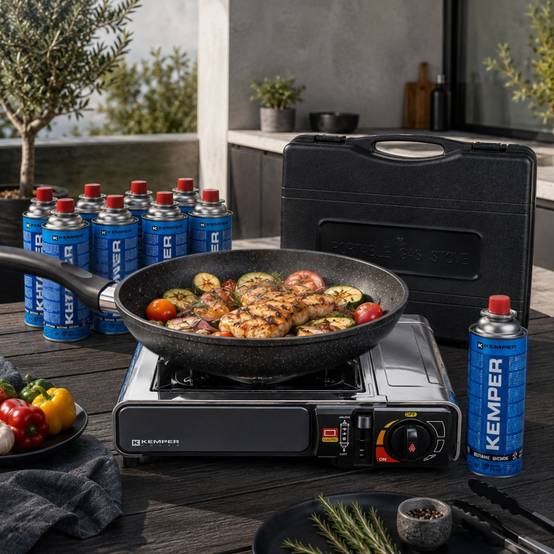 Réchaud à gaz 2200W Inox + 12 Cartouches de gaz Camping Allumage piezo Système Sécurité KEMPER - Image 4