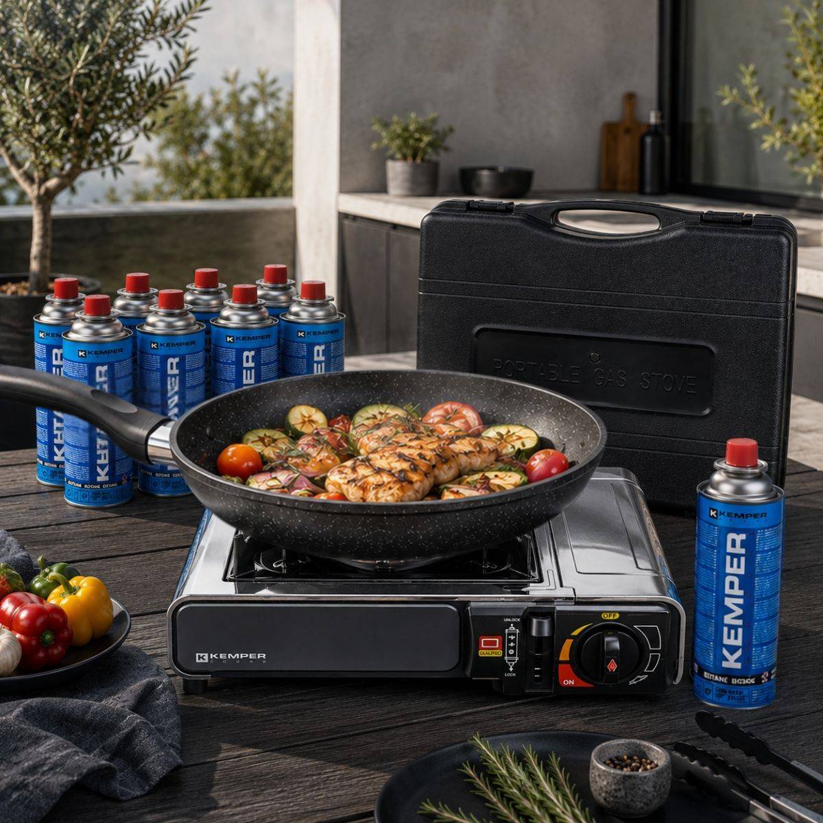 Réchaud à gaz 2200W Inox + 12 Cartouches de gaz Camping Allumage piezo Système Sécurité KEMPER - Image 4