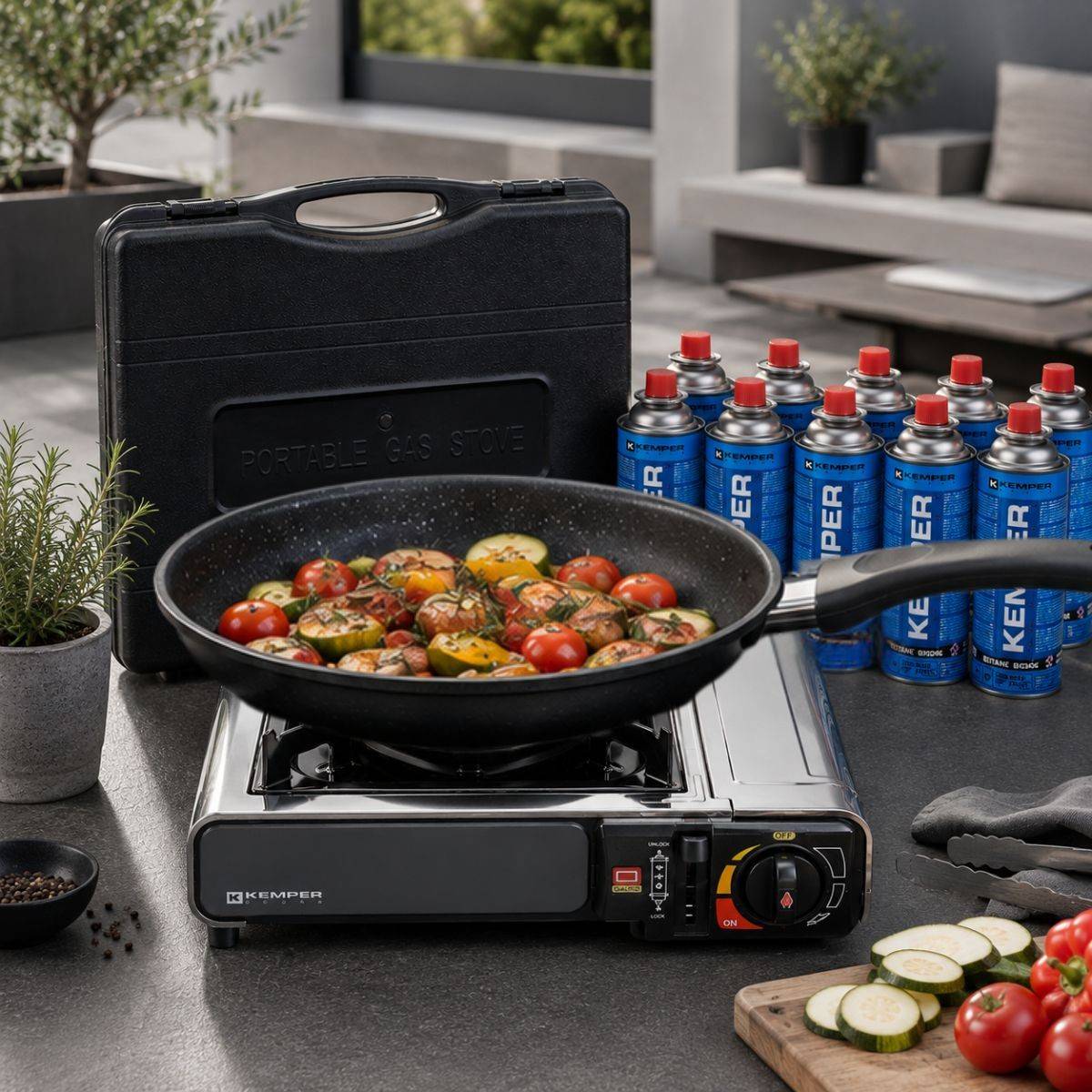 Réchaud à gaz 2200W Inox + 12 Cartouches de gaz Camping Allumage piezo Système Sécurité KEMPER - Image 2