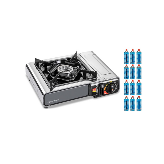 Réchaud à gaz 2200W Inox + 12 Cartouches de gaz Camping Allumage piezo Système Sécurité KEMPER - Image 6