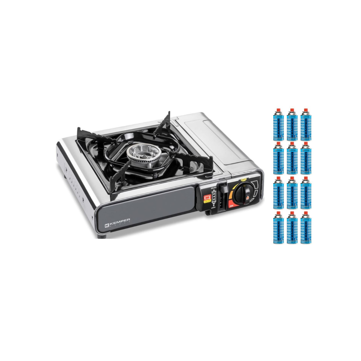 Réchaud à gaz 2200W Inox + 12 Cartouches de gaz Camping Allumage piezo Système Sécurité KEMPER - Image 6