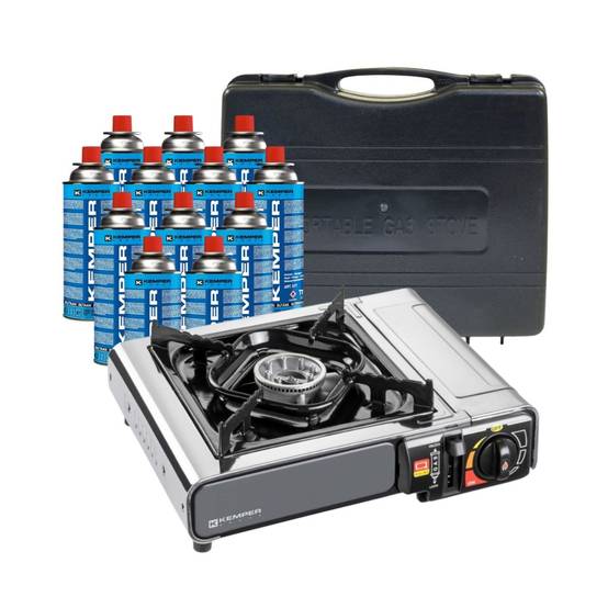 Réchaud à gaz 2200W Inox + 12 Cartouches de gaz Camping Allumage piezo Système Sécurité KEMPER - Image 1