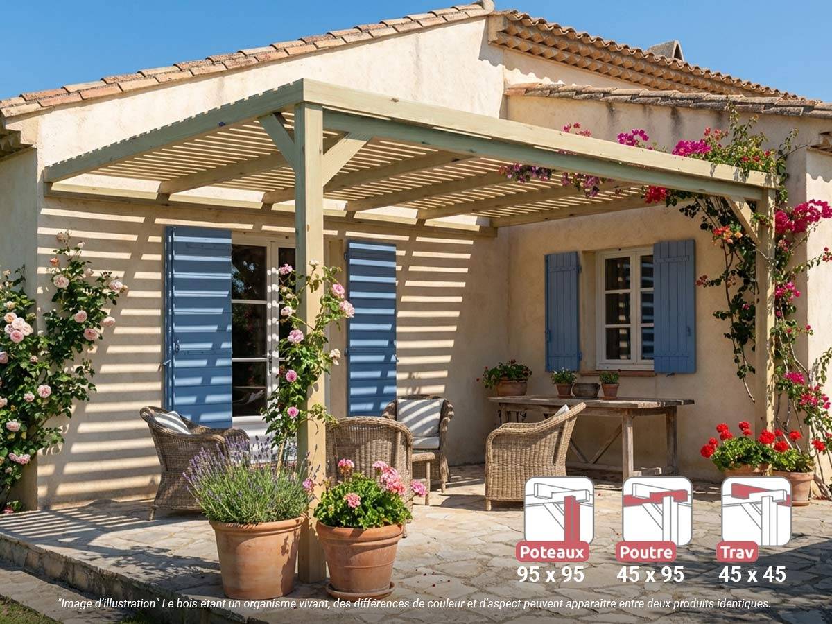 Pergola adossée en bois Montpellier 420 x 420 cm + 2 supports surélevés - Maderland - Image 1