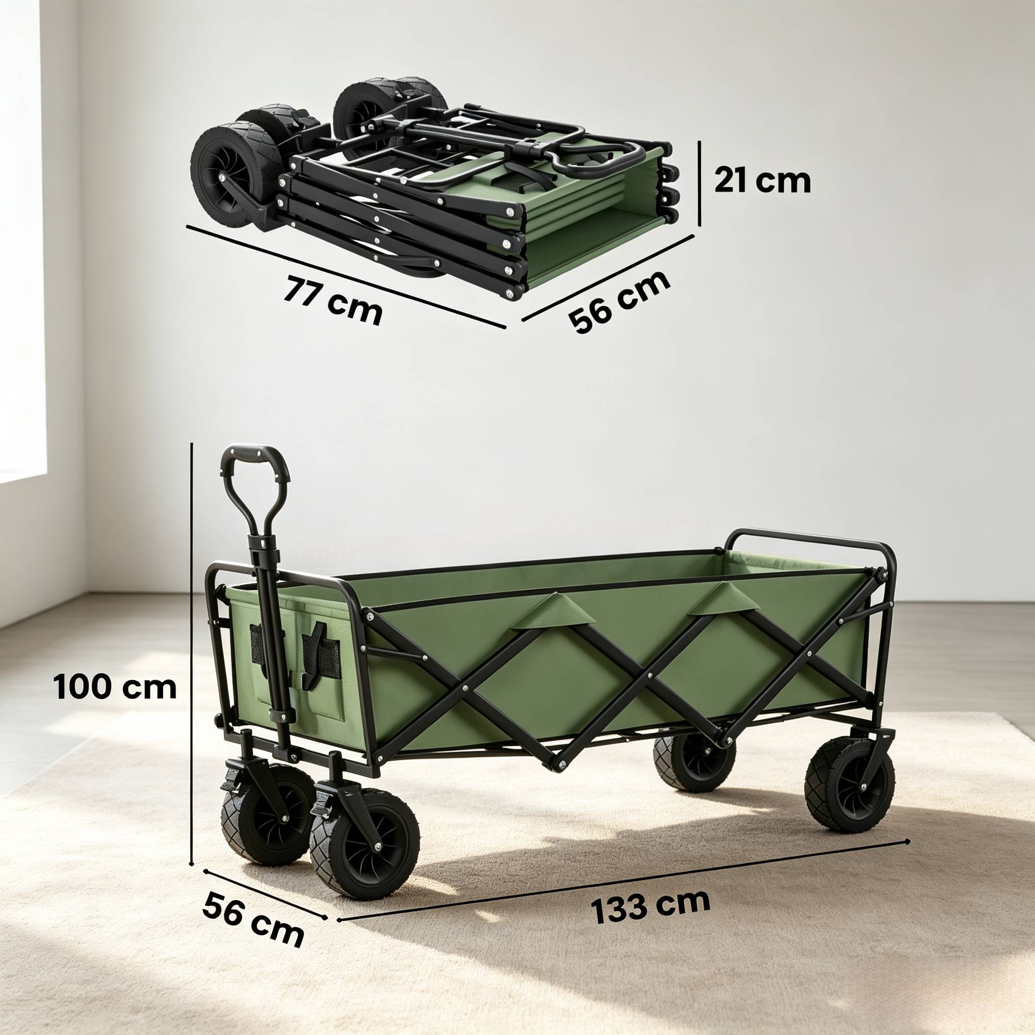 ComfortXL - Chariot de jardin pliable métal vert 130 L roues tout-terrain freins charge 250 kg - ComfortXL Outdoor Living - Image 7