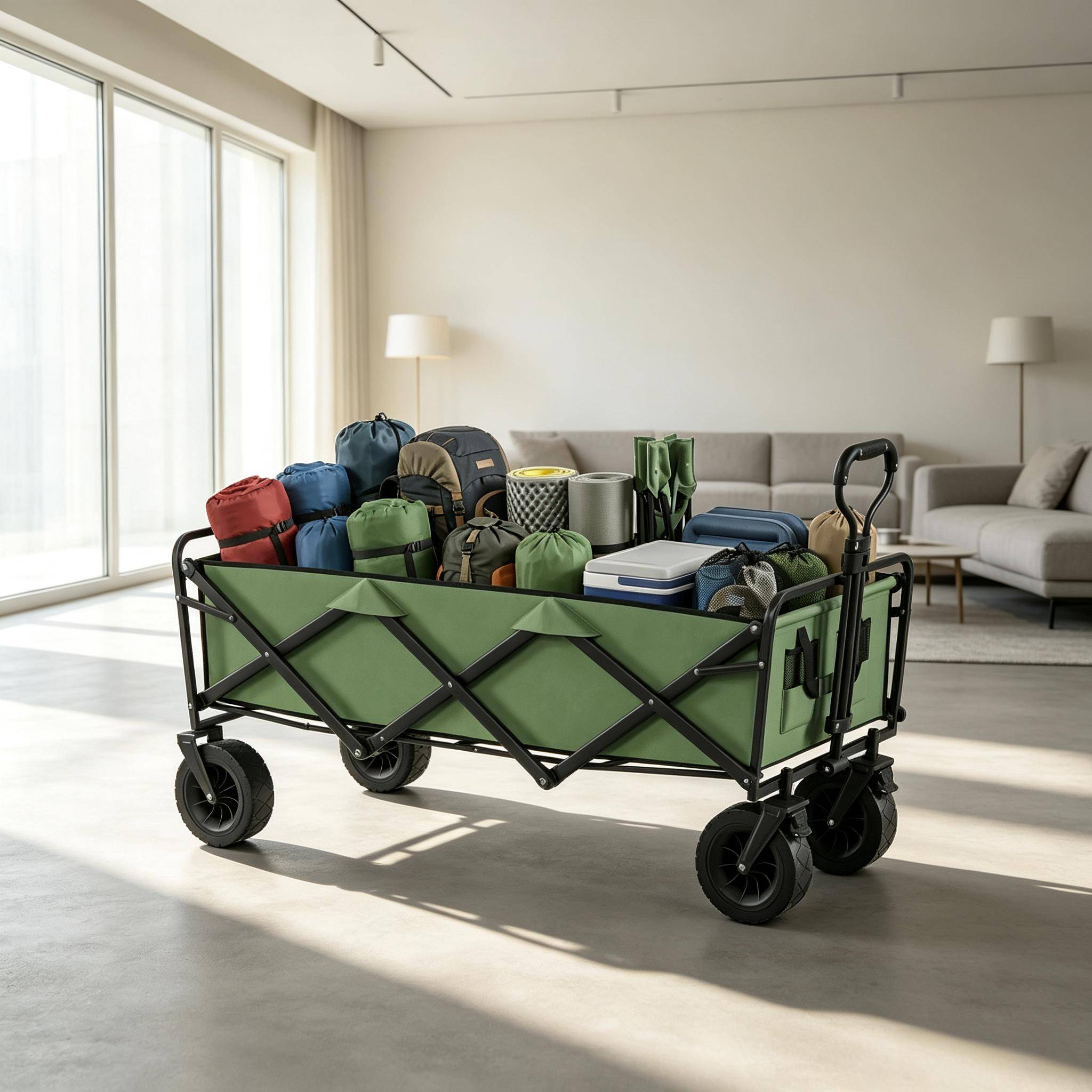 ComfortXL - Chariot de jardin pliable métal vert 130 L roues tout-terrain freins charge 250 kg - ComfortXL Outdoor Living - Image 1