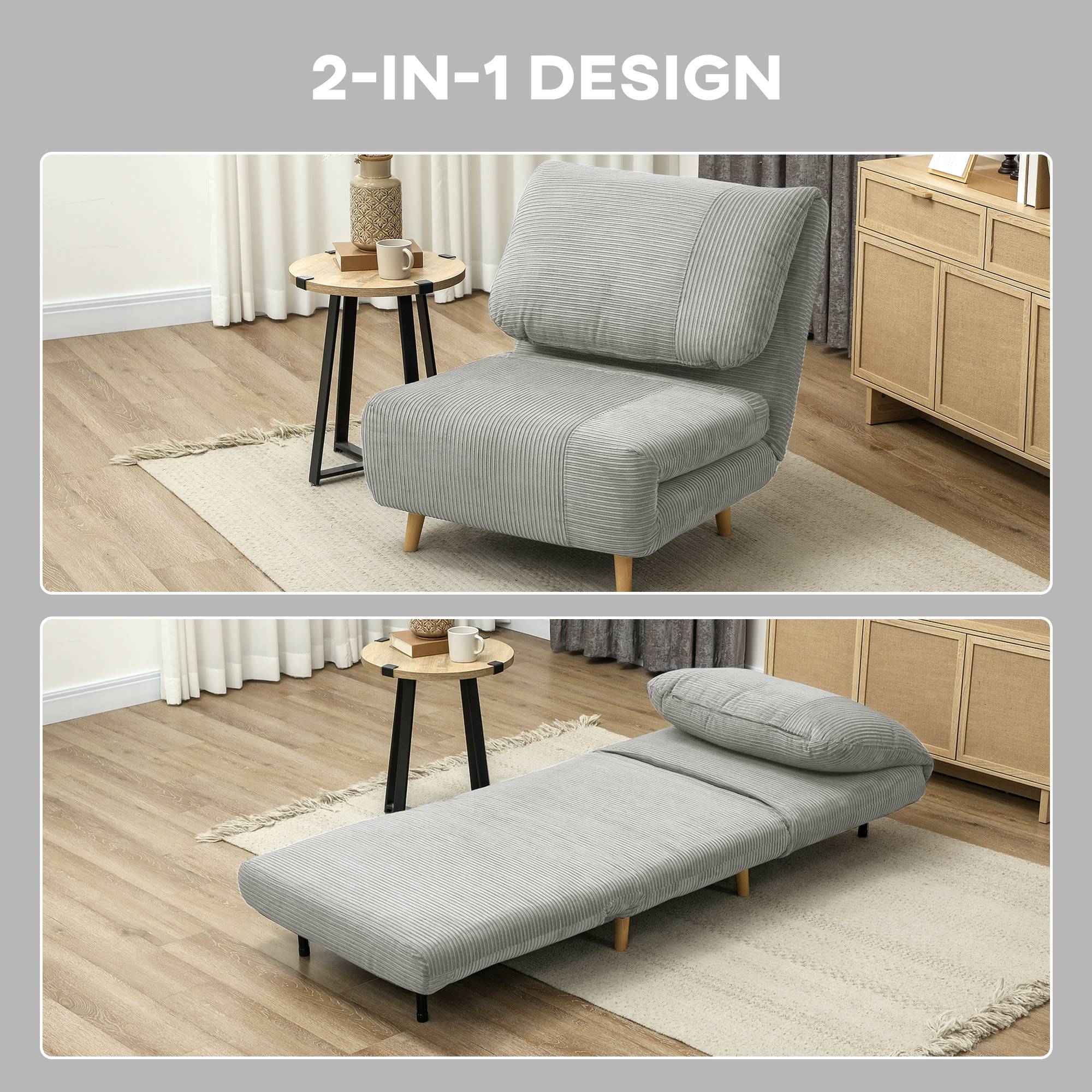 Fauteuil convertible 2 en 1 avec lit d'appoint, appui-tête réglable, aspect velours côtelé, 82 cm x 87 cm x 89 cm, gris - Image 6