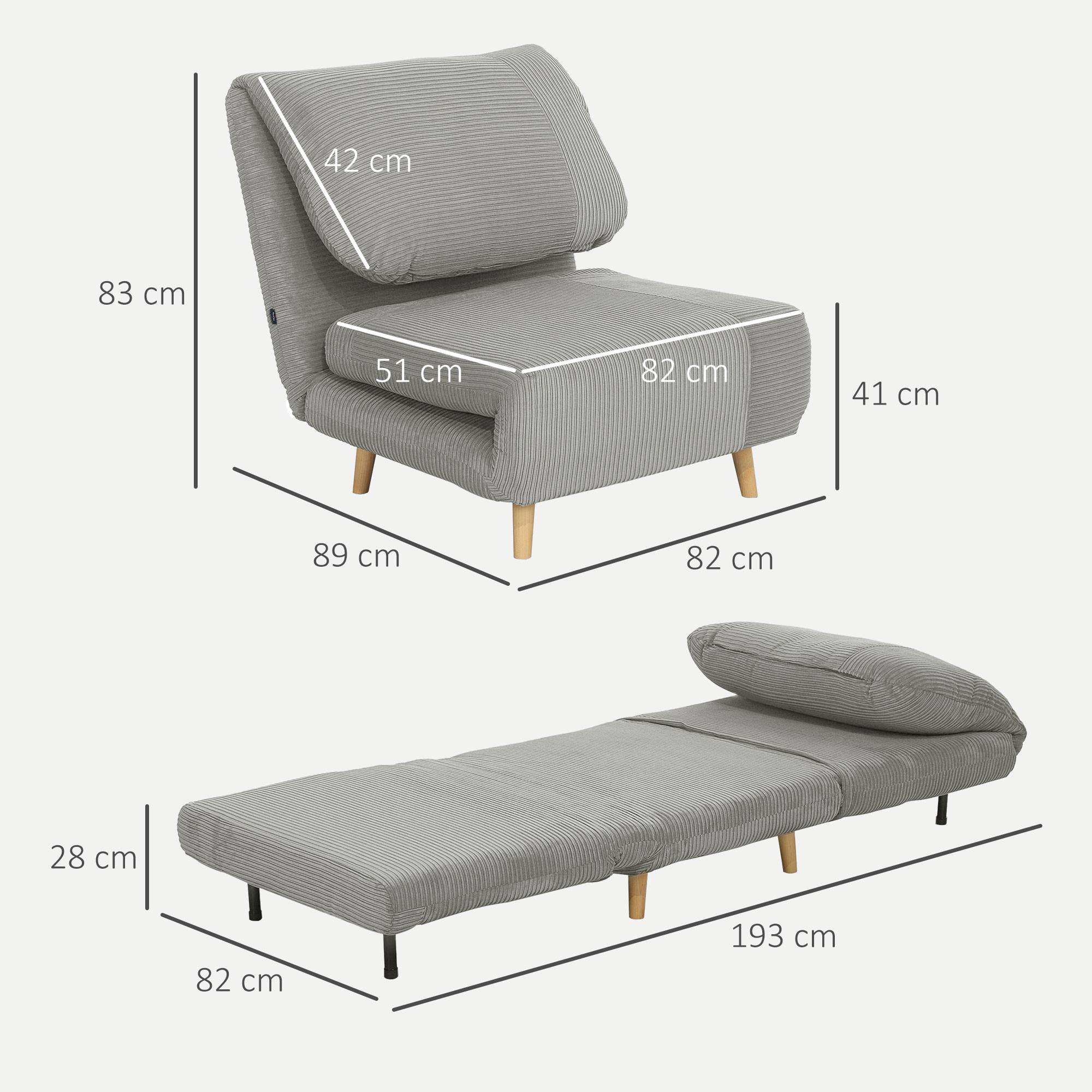 Fauteuil convertible 2 en 1 avec lit d'appoint, appui-tête réglable, aspect velours côtelé, 82 cm x 87 cm x 89 cm, gris - Image 5