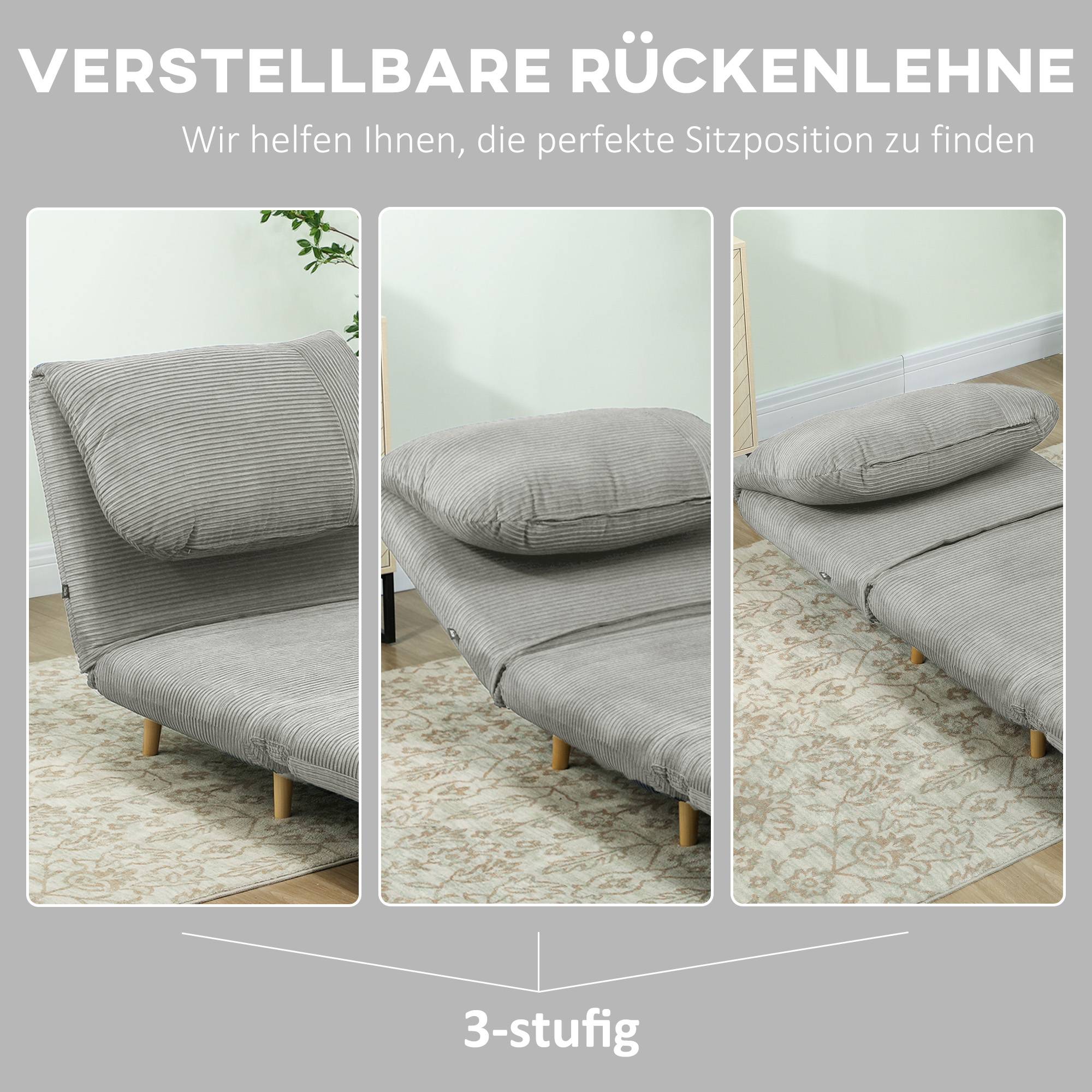 Fauteuil convertible 2 en 1 avec lit d'appoint, appui-tête réglable, aspect velours côtelé, 82 cm x 87 cm x 89 cm, gris - Image 7