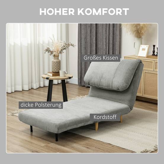Fauteuil convertible 2 en 1 avec lit d'appoint, appui-tête réglable, aspect velours côtelé, 82 cm x 87 cm x 89 cm, gris - Image 8