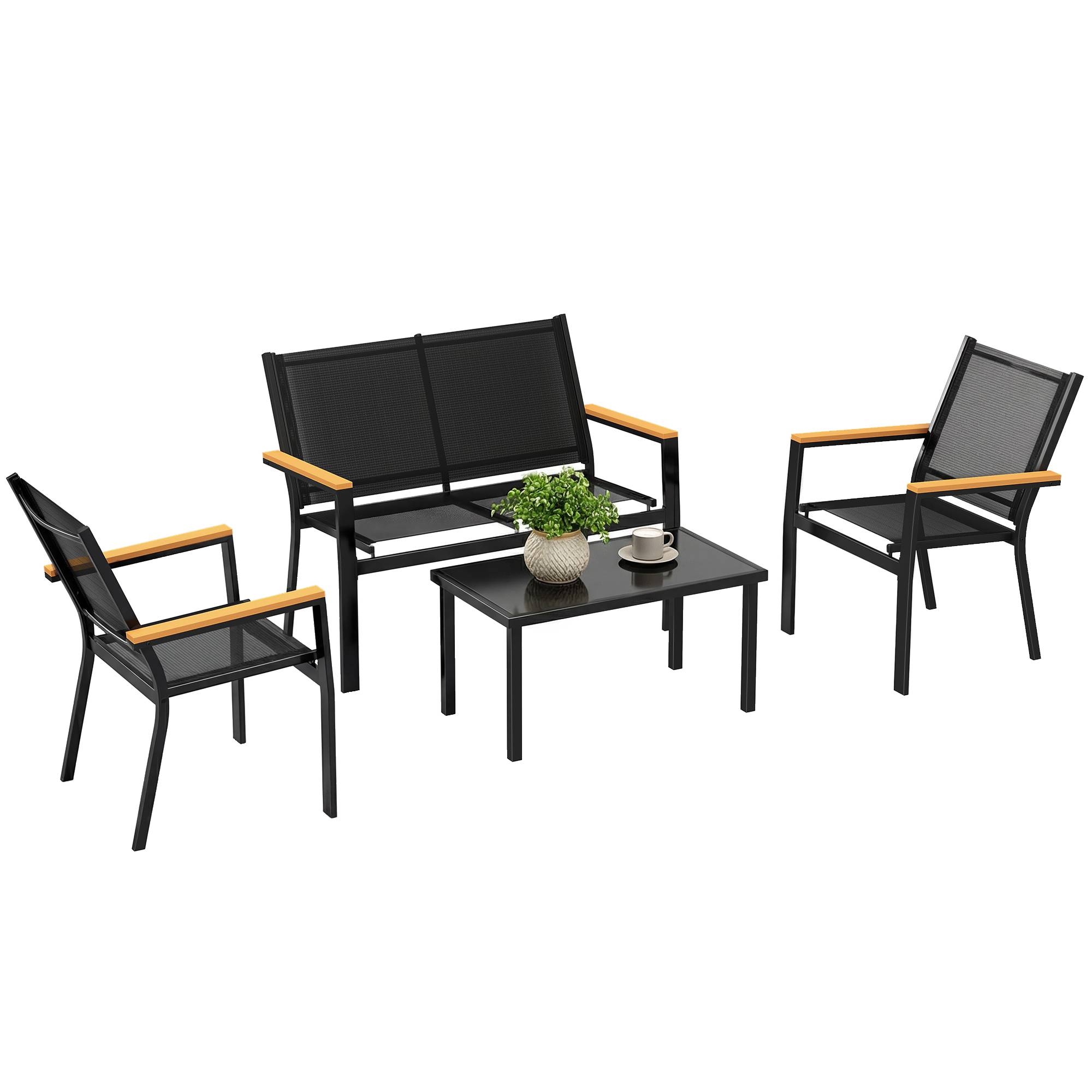 Salon de jardin extérieur 4 pièces avec canapé 2 places, 2 chaises et table basse en verre trempé, noir - Image 1
